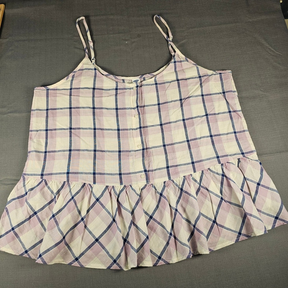 Old Navy Women Pink Blue Plaid Cotton Peplum Cami Tank Top Large
